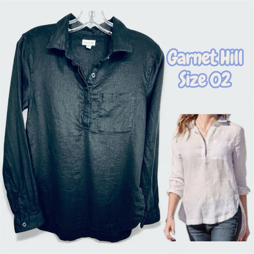 garnet Hill Black Linen Button Front Long Sleeve Tunic Shirt size small pocket